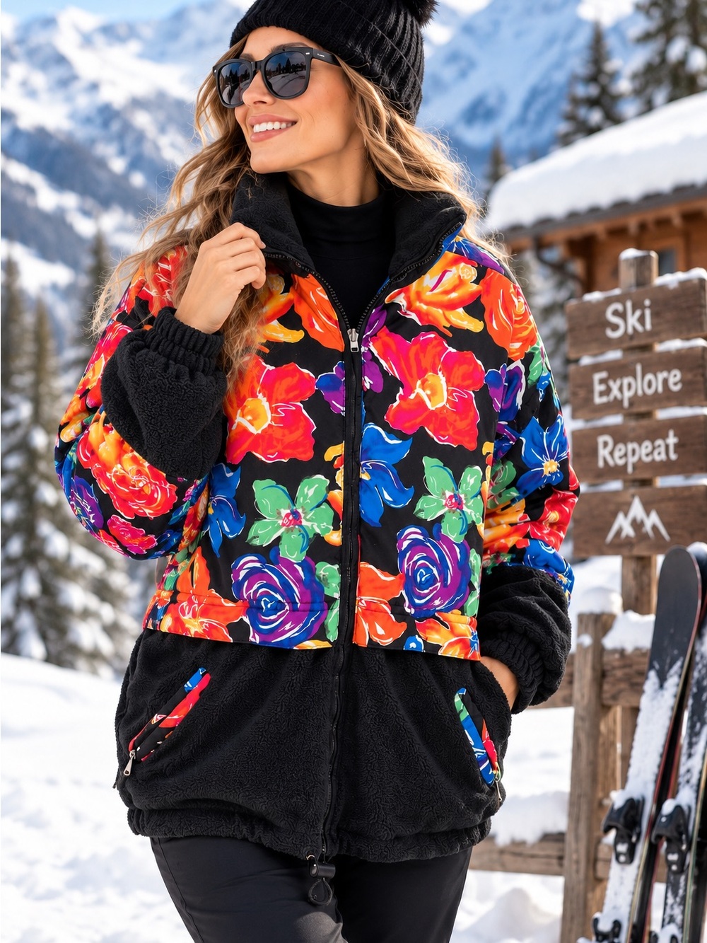 Obermeyer Reversible Ski Jacket Women’s Size 14 Blue Floral Black Fleece Winter